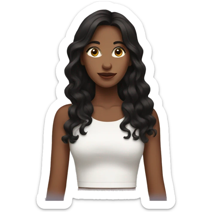 only the back of a brown women, with black hair, a white crop top, wavy long hair sticker