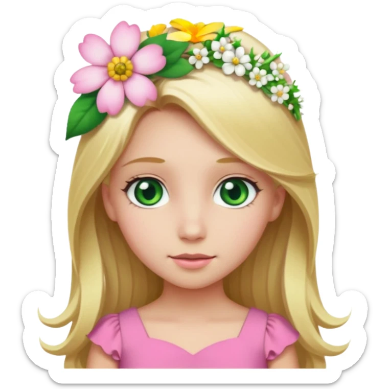 Girl profile picture with long blonde hair and green eyes and a flower in her hair. and a pink outfit sticker