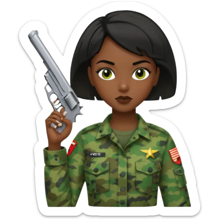 Dark skin Woman marine in no badges green cammies with one handgun short black hair sticker