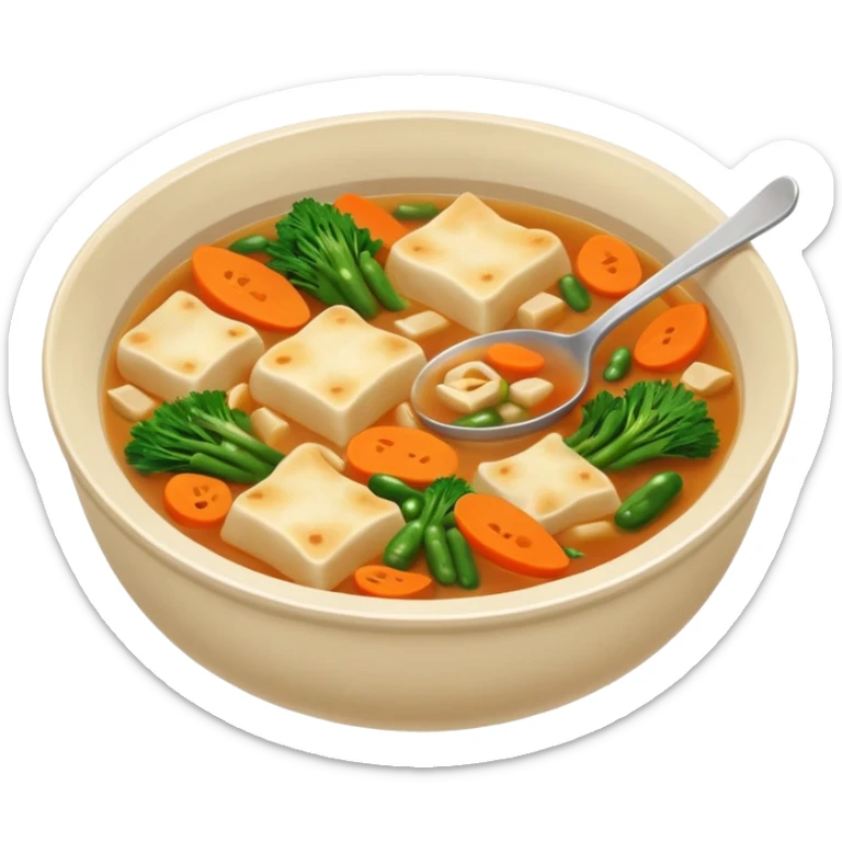 A bowl of Korean soup filled with flat, hand-torn dough pieces that look like irregular paper scraps—soft, uneven, and with natural ragged edges—floating in a light, savory broth with vegetables. sticker