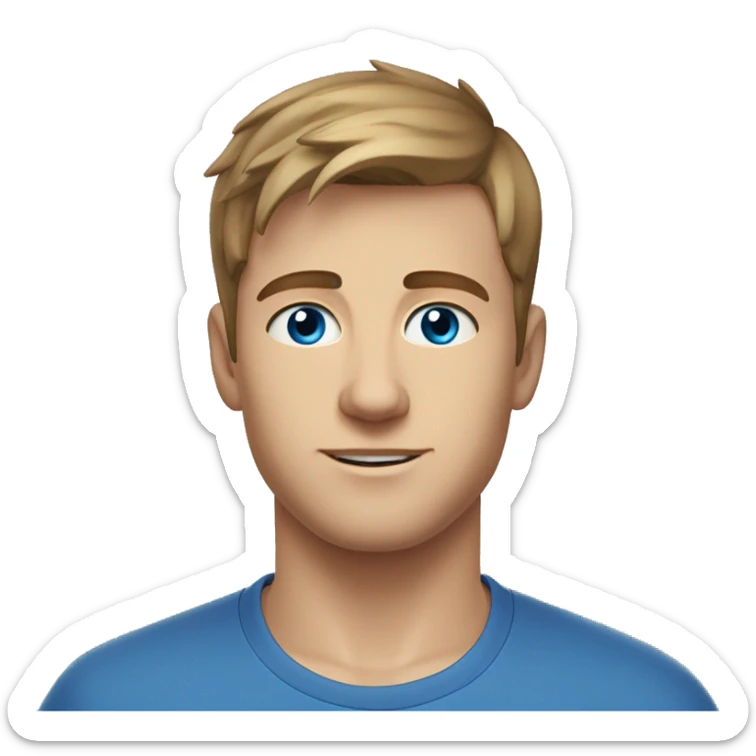 A head and shoulders shot of a 22 year old Caucasian man, with short brown hair,   with blue eyes wearing a t-shirt. sticker