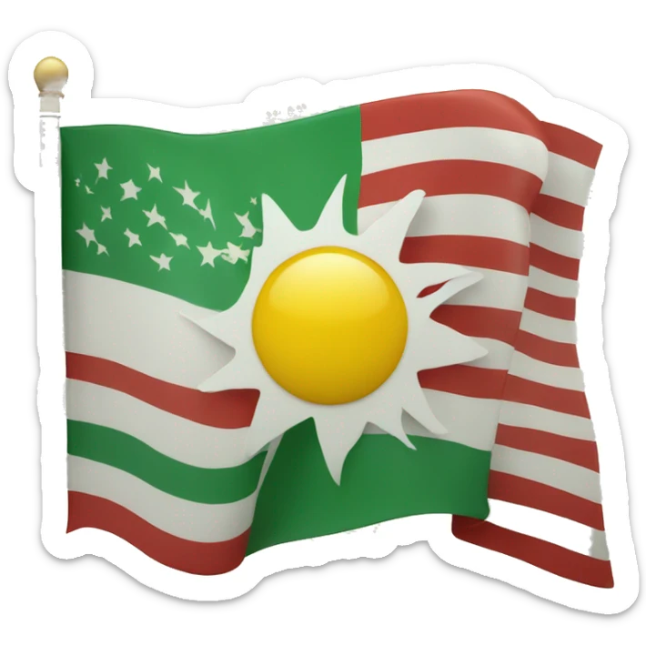 A flag with a red stripe at the top white stripe in the middle and green strip at the bottom with a sun in the middle sticker