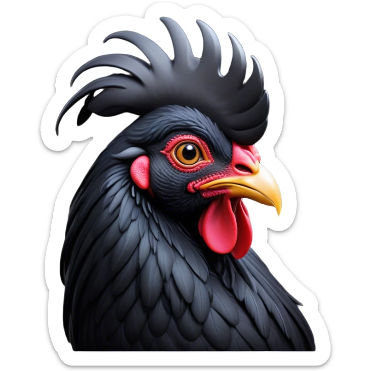 Cinematic Noble Black Rooster Portrait Emoji, Poised and regal, with a robust, commanding build and a sleek, well-groomed pure black plumage, deep-set soulful piercing eyes, Simplified yet sharp and sophisticated features, highly detailed, glowing with a soft, dignified glow, high shine, intelligent and proud, stylized with an air of mysterious majesty, focused and attentive, soft glowing outline, capturing the essence of a watchful and confident leader, so majestic it feels as though it could crow out of the screen with effortless authority! sticker