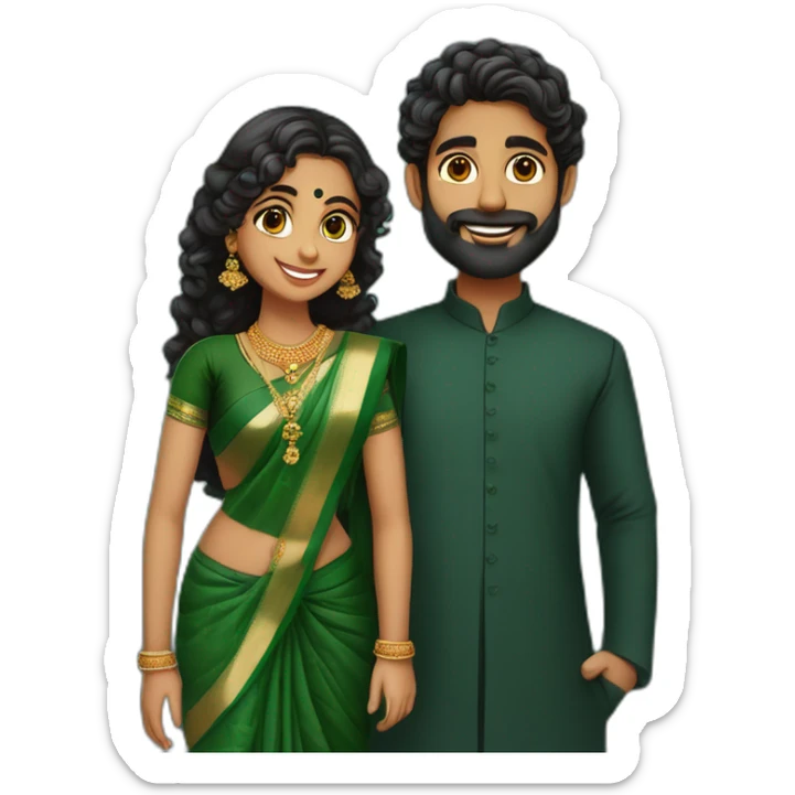 south indian girl with curly hair wearing dark green saree marrying south indian guy with straight hair and beard wearing dhoti sticker