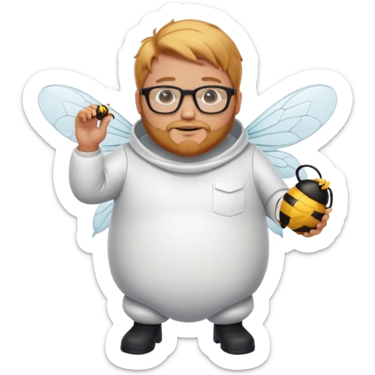 full body plus size bee keeper with light strawberry blonde hair a goatee wearing glasses  sticker