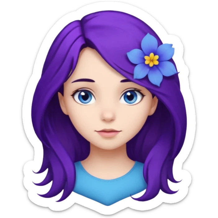 Create a girl of European appearance who looks sideways with dark brown hair, blue eyes and a purple hair flower sticker