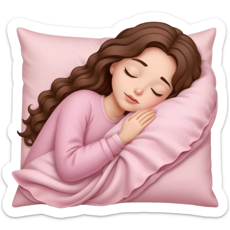 A girl with long wavy hair sleeps on a pale pink pillow and is covered with a pale pink blanket sticker