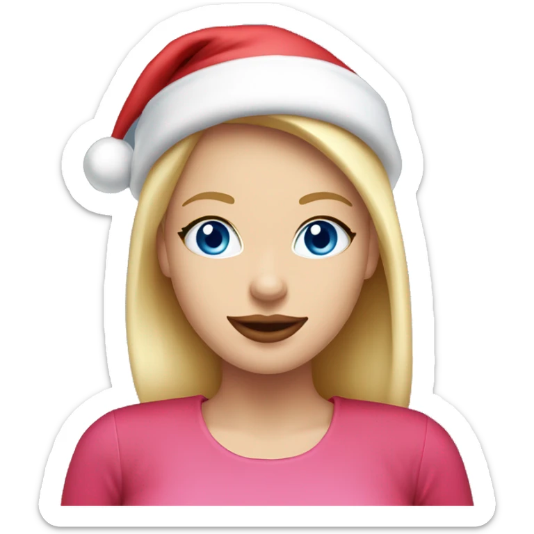 Beautiful blonde blue eyed woman, pink lips, wearing santa hat, wearing red top sticker