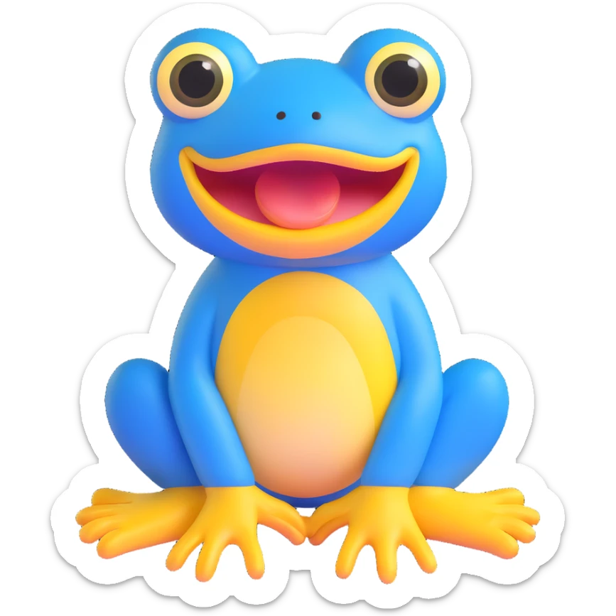 blue frog character, sitting, big yellow mouth, wide eyes, playful and friendly, silly and sweet expression, no accessories sticker