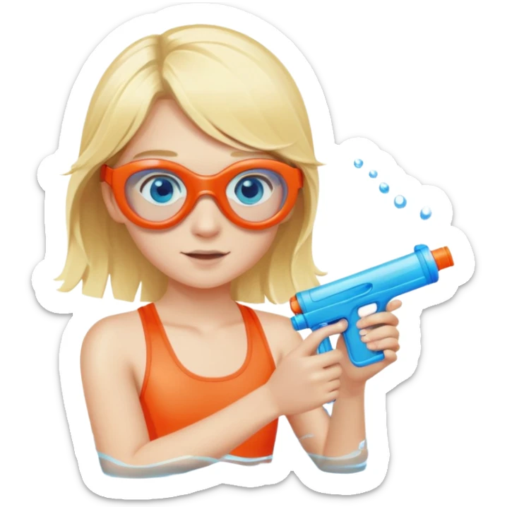 Blond 18 year old with blue eyes, wearing swim goggles and holding a water gun sticker