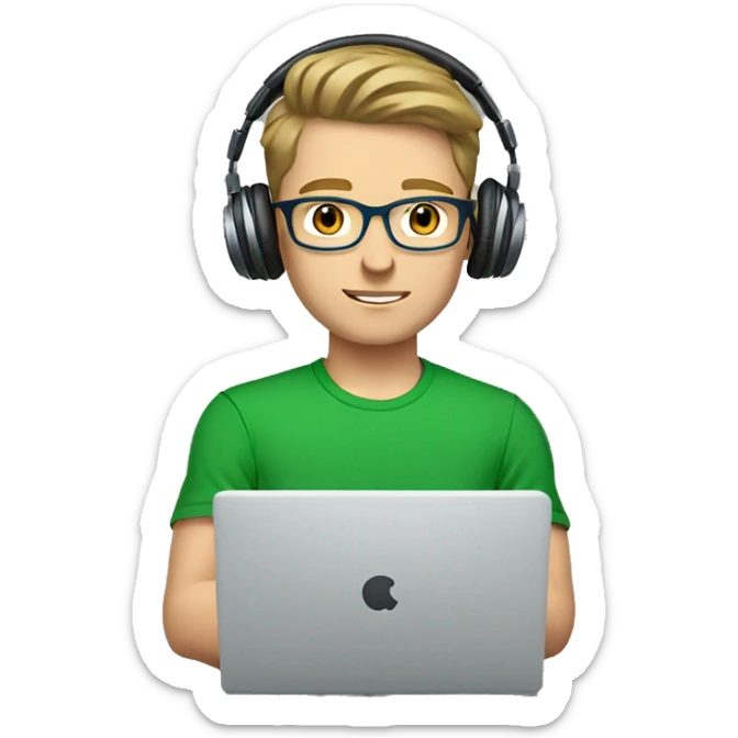 white young man with light brown hair and square glasses and blue eyes wearing green t-shirt with laptop and headphones sticker