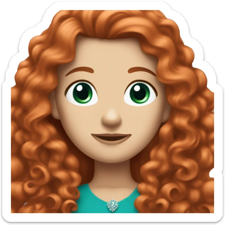 a white girl with long curly red hair and a teal dress and a tiara sticker