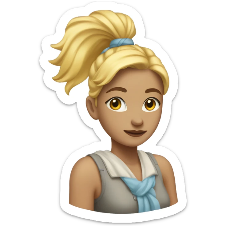 a young woman with very light beige skin, light blue eyes, yellow colored hair that's tied up back in a high ponytail, and a liht blue dreson sticker