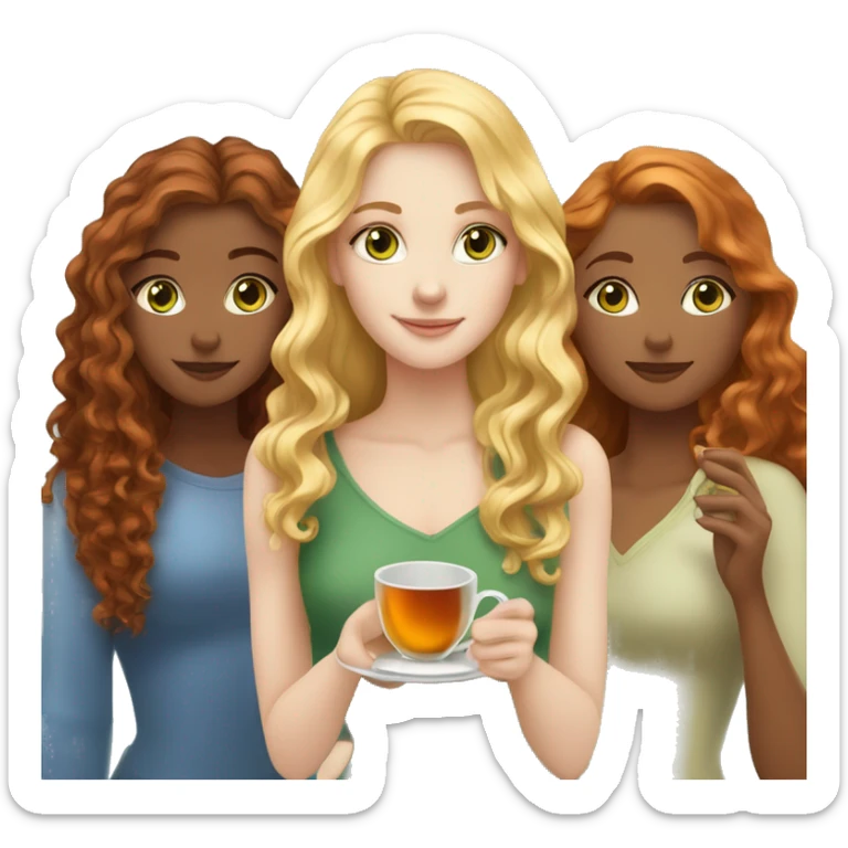 Three fair-skinned girls, a blonde with curly hair and gray eyes, a redhead with green eyes and long hair and a brown-haired woman with long hair and blue eyes are drinking tea sticker