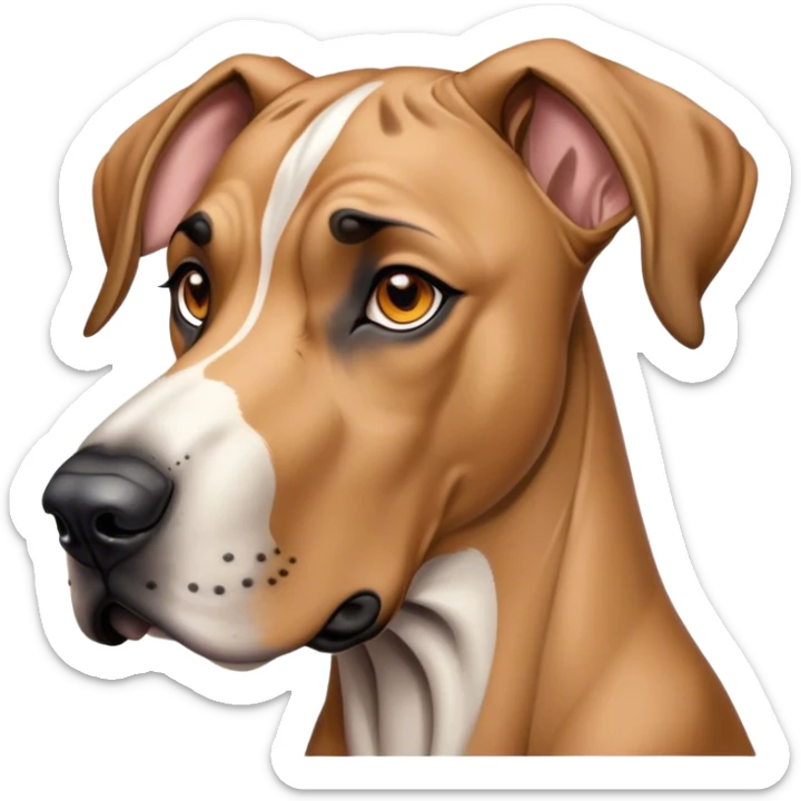 Cinematic Noble Fawn Great Dane Portrait Emoji, Poised and regal, with a towering, muscular build and a sleek, well-groomed solid fawn coat accented by subtle dark markings, deep-set soulful amber eyes, Simplified yet sharp and sophisticated features, highly detailed, glowing with a soft, dignified glow, high shine, intelligent and gentle, stylized with an air of majesty, focused and attentive, soft glowing outline, capturing the essence of a watchful and confident guardian, so majestic it feels as though it could stride out of the screen with effortless authority! sticker