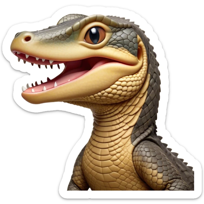 Cinematic Realistic Cute Yawning Monitor Lizard Portrait Emoji, Head tilted slightly with a dramatic, wide-open yawn, showcasing a soft, textured scaled hide with subtly drooping features and half-closed, drowsy eyes, rendered with meticulous natural detail and warm shadows, high shine, relaxed yet expressive, styled with a dash of desert charm, soft glowing outline, capturing the essence of a sleepy yet affectionate monitor lizard that appears ready to stretch out for a restful nap! sticker