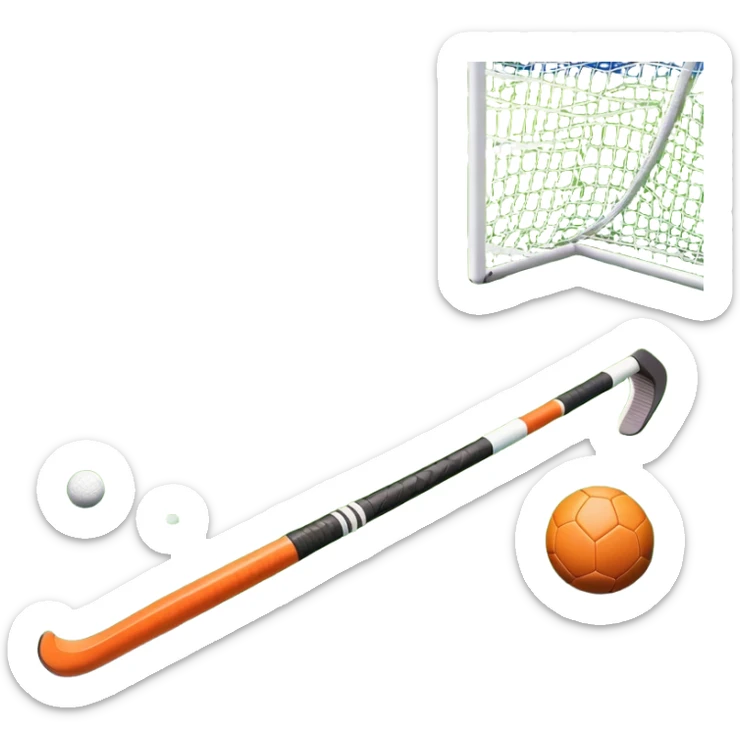 A field hockey stick and ball on a vibrant green grass field, with goalposts and clear field markings in the background. The scene emphasizes the bright, lush grass, highlighting the fast-paced and strategic nature of hockey on a well-maintained pitch. sticker