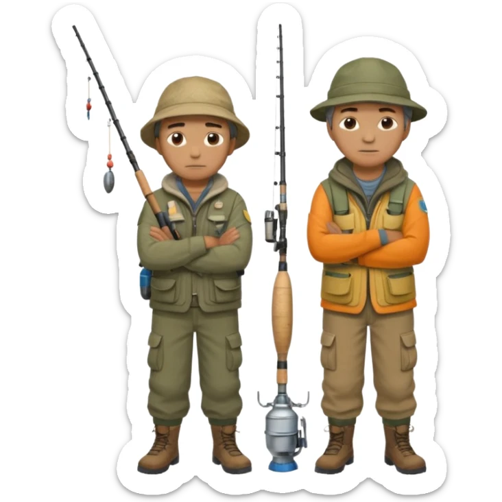 Father and son in fishing gear, arms crossed because they are cold full body sticker