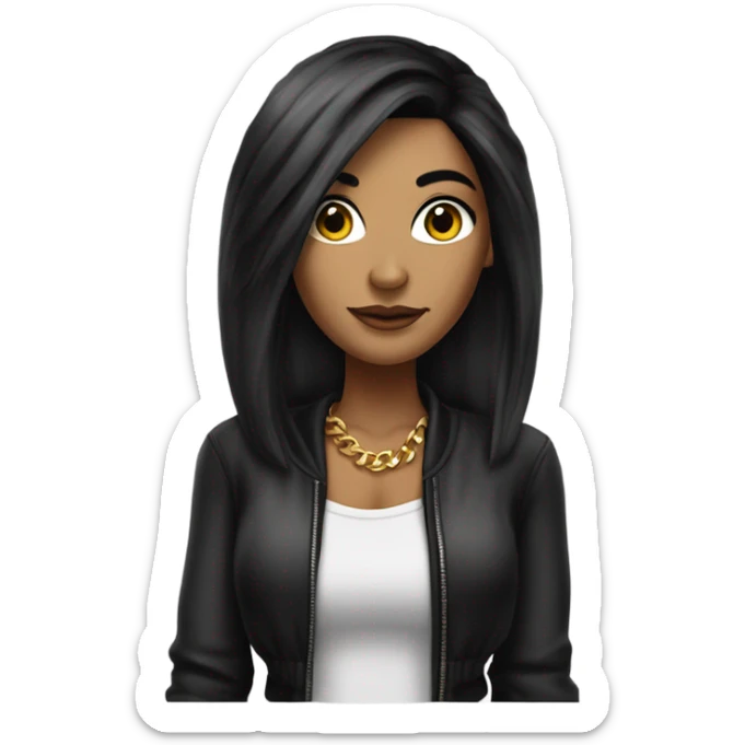 Tanned woman with long black hair dressed in 90s hip hop hair, makeup, and attire sticker