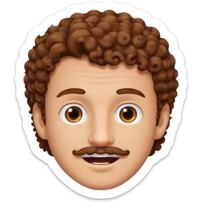 a cute white man with brown curly hair up top brown eyes a brown mustache and a tooth gap  sticker