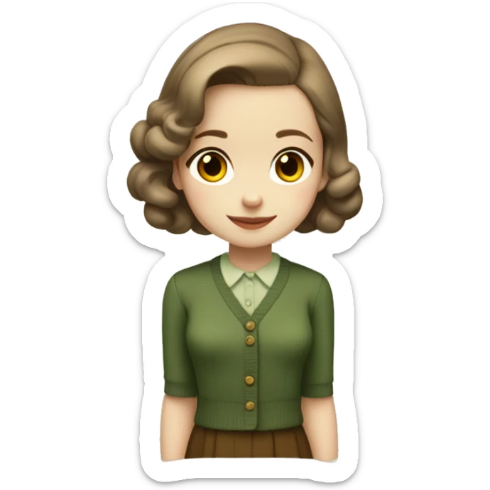 Very young girl with pale skin, straight, warm brown, short hair in a bob style, a brown 1940s dress with an earthy green cardigan sticker