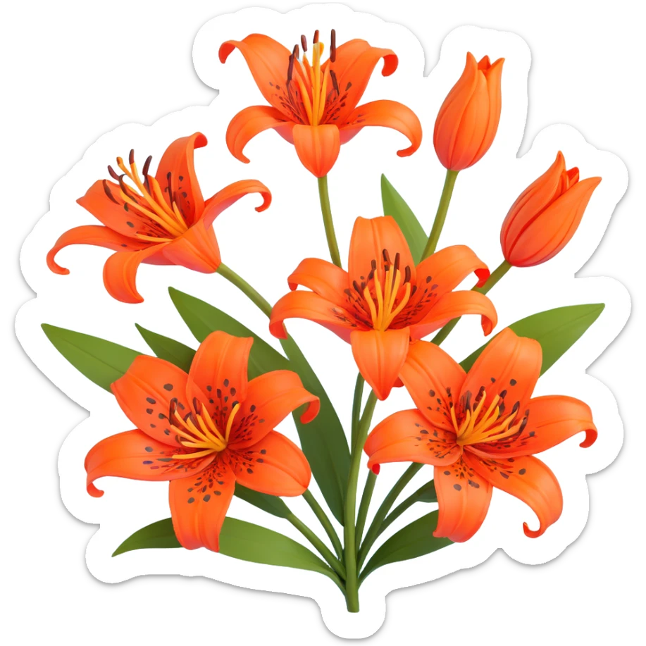 Traditional Japanese tiger lily (oniyuri) flower with elegant sumi-e inspired style, vibrant orange-red petals with black spots, delicate brush-like strokes, zen aesthetic sticker