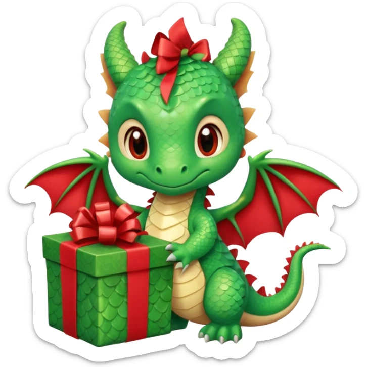 a cute baby dragon is holding a carton gift with red ribbon sticker