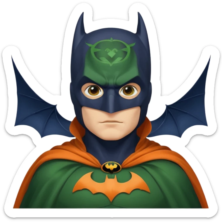 generate a batman emoji with just the face and neck showing and part of the cloak and and wings. Shade the bat logo on the chest in a medium green with a slight olive touch. Shade the mask in dark navy blue. Shade the cloak in a solid vibrant orange.

 sticker