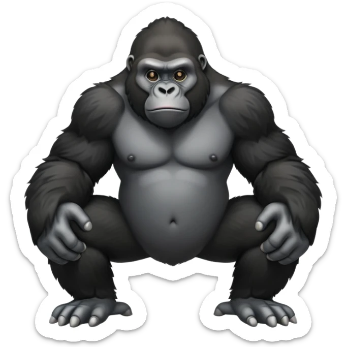 cinematic-friendly relaxed gorilla-realistic-full-body-crouched on all fours on knuckles-emoji,-poised-with-confidence,-massive-arms-hanging-slightly-forward,-head-tilted-thoughtfully,-thick-black-fur,-deep-dark-eyes-full-of-intelligence,-simplified-yet-realistic sticker