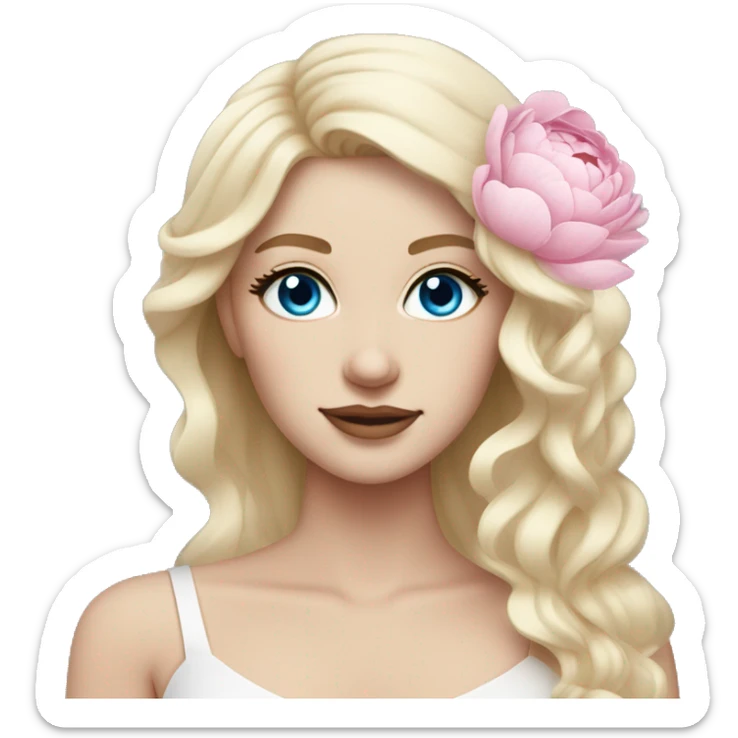 White bride with long light blonde hair and blue eyes with light pink peonies in hair white skin  sticker