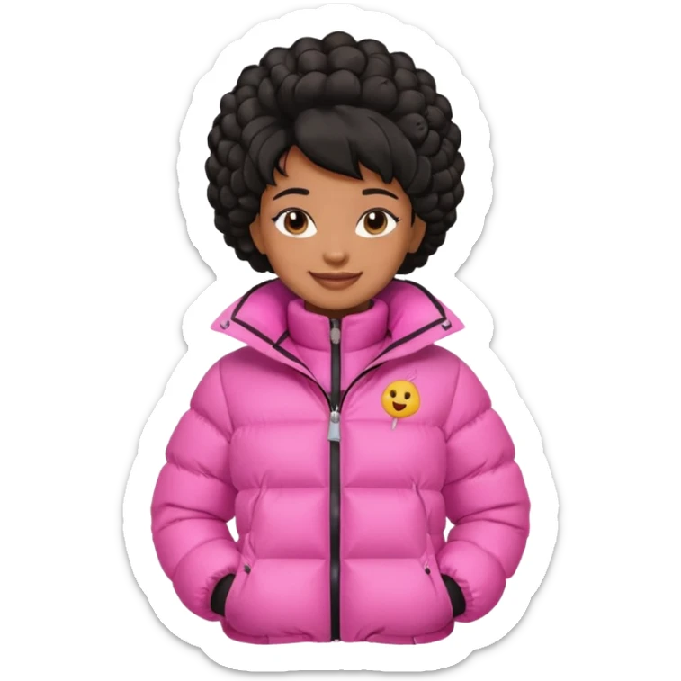 A brown skin  skinned girl that’s has puffy black hair with her hair up in a puffy hairstyle and skinny and wears a pink puffer coat sticker