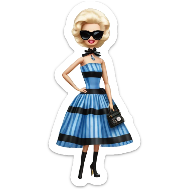 Blonde Silkstone Marie Antoinette Barbie enid sinclair from academy in a blue and black vertically-striped classic dress. riding hot rod bikes with crows sticker