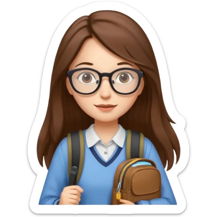 brown long hair woman, going to university wearing a glass, looks pretty no backpack just cure bag  sticker