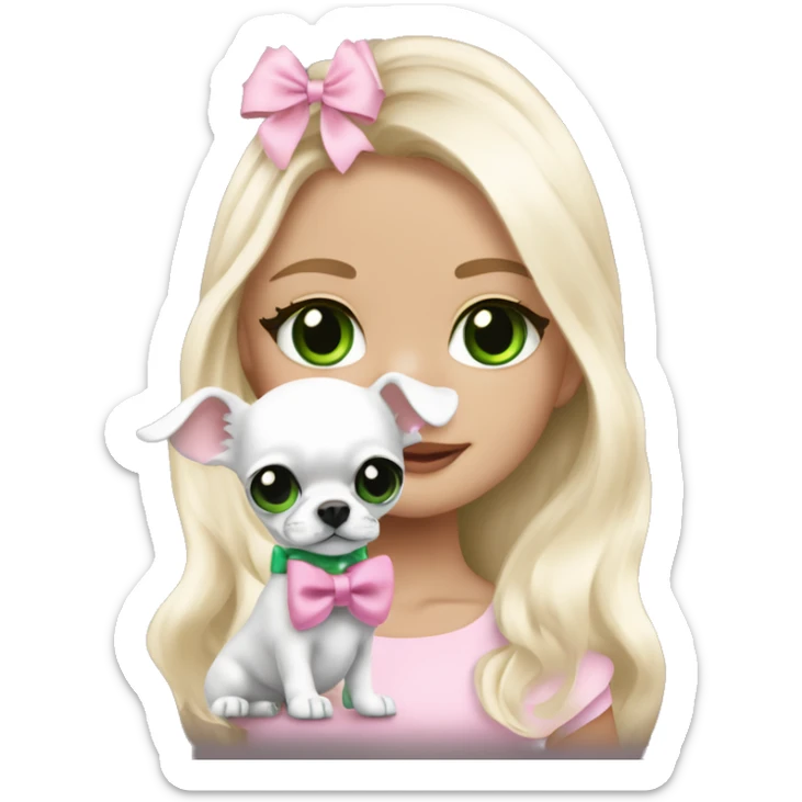 pale blonde girl with long platinum white wavy hair with bright green eyes and wearing a light pink hair bow holding a black and white long haired chihuahua puppy also wearing a hair bow sticker