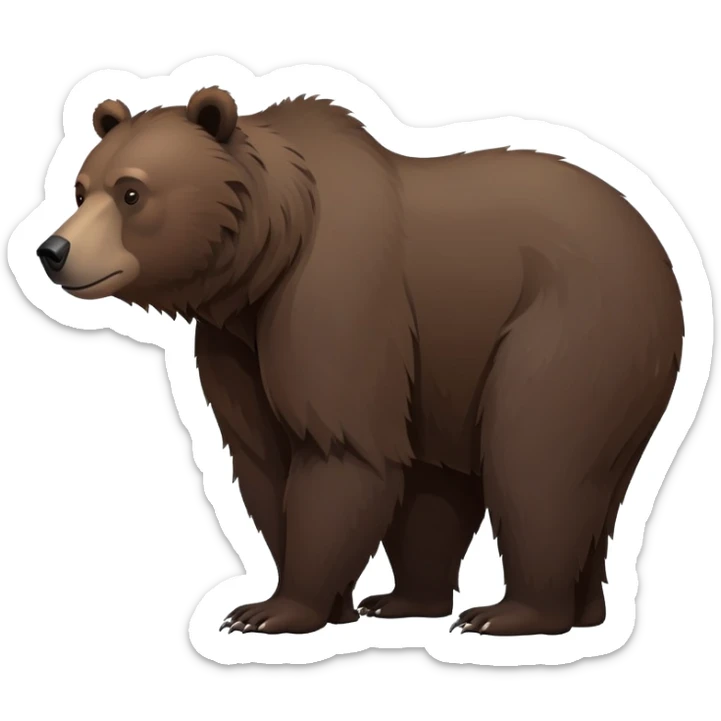 Realistic dark brown grizzly bear on all four legs, minimalist style, natural pose, side view, darker fur sticker