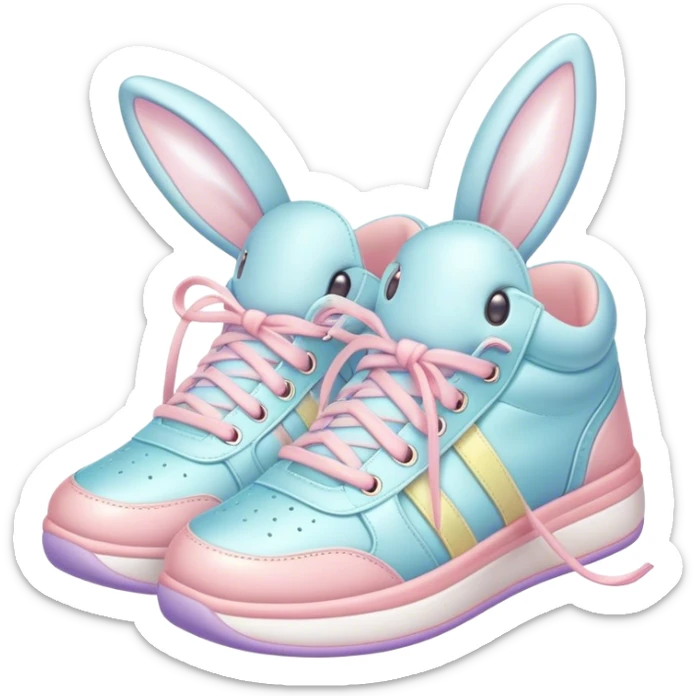 Cute Kawaii Shoe, small and bouncy, soft pastel sneakers with glowing highlights, cute sparkling eyes, a happy cheerful expression, laces tied like bunny ears! sticker