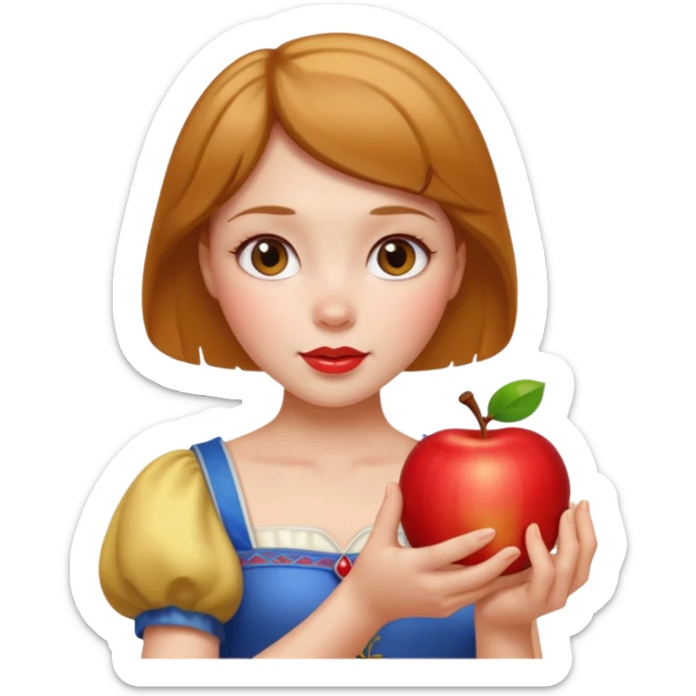 Create an emoji of Snow White holding a red apple, with short golden-brown hair. sticker
