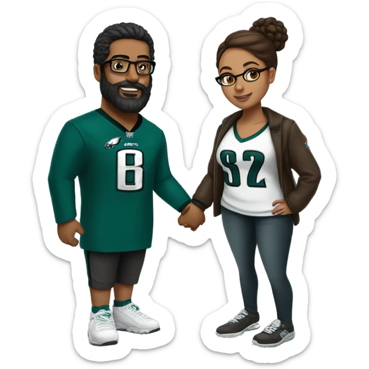 Brown guy with beard mustache and brown girl with glasses and her hair in a bun in Philadelphia eagles clothes holding hands sticker
