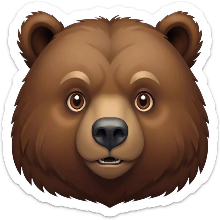 Cinematic Noble Grizzly Bear Portrait Emoji, Poised and regal, with a massive, powerful build and a thick, rugged deep brown fur, piercing deep-set soulful eyes, Simplified yet sharp and sophisticated features, highly detailed, glowing with a soft, dignified glow, high shine, intelligent and formidable, stylized with an air of untamed wilderness, focused and attentive, soft glowing outline, capturing the essence of a watchful and commanding guardian, so majestic it feels as though it could lumber out of the screen with effortless authority! sticker