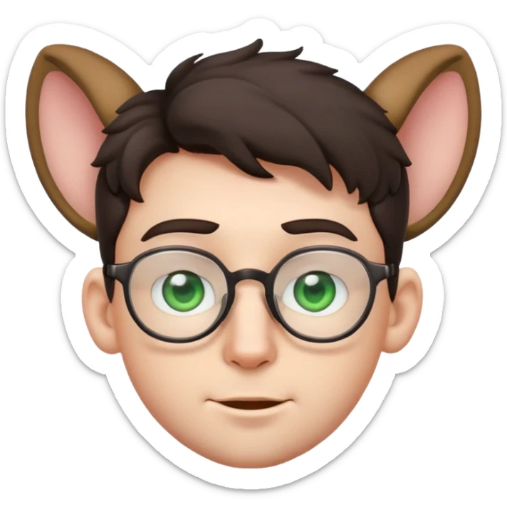 young male emoji with youthful face, poofier slightly curly dark hair, big ears, pale skin, glasses, green eyes set wider apart, very light stubble sticker