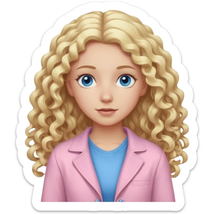 A white girl with long blonde curly hair and  eyes wearing light pink sticker