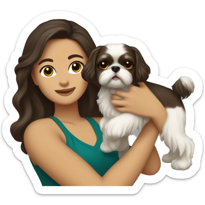 Young dark brunette medium kin hair woman with a golden shih tzu in her arms long wavy hair sticker
