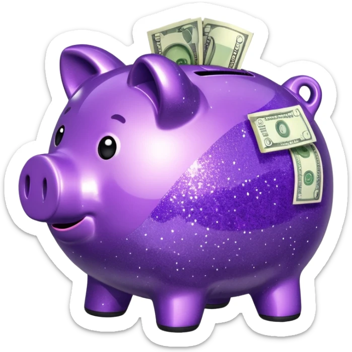 money in a glitter purple piggy bank sticker