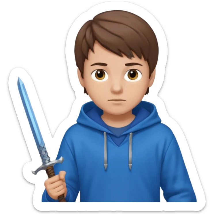 make a boy with brown hair and a blue hoodie and add a blue sword too sticker