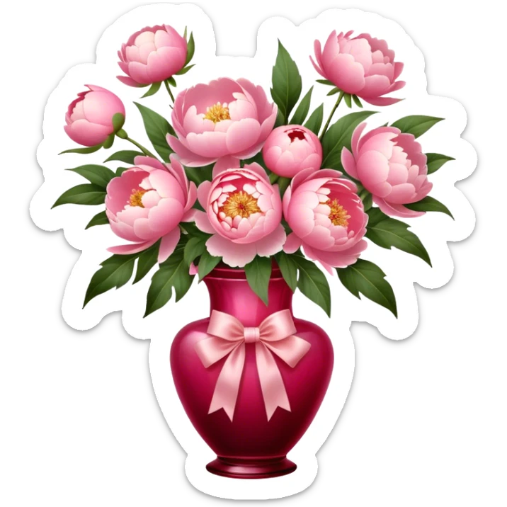 A rich Venetian Red glass vase holds a bouquet of dreamy Shell Pink peonies. An Angel Pink silk bow wraps around it, blending softness and vintage elegance." sticker