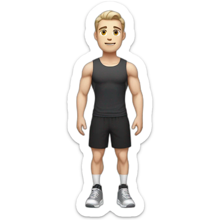 Pale skinned Fit Man With the biceps and dark brown hair in black shirt, gray sports shorts and white Sneakers sticker