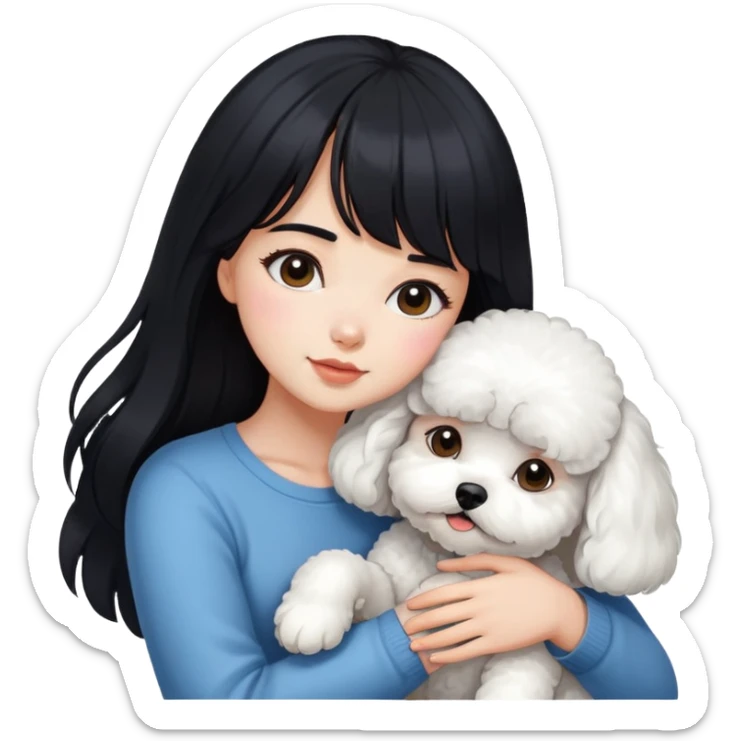 A beautiful girl with long black hair and bangs hugs a Bichon Frise tightly sticker