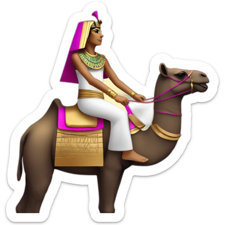Egyptian pharaon on a camel,pyramids, tanned skin, golden magenta  costume sticker