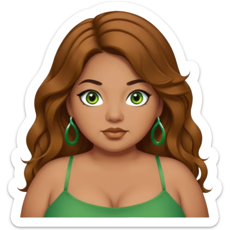 Baddie bratz girl with middle parted long wavy brown hair. green eyes. Plus size. Green spaghetti strap top. Black eyeliner sticker