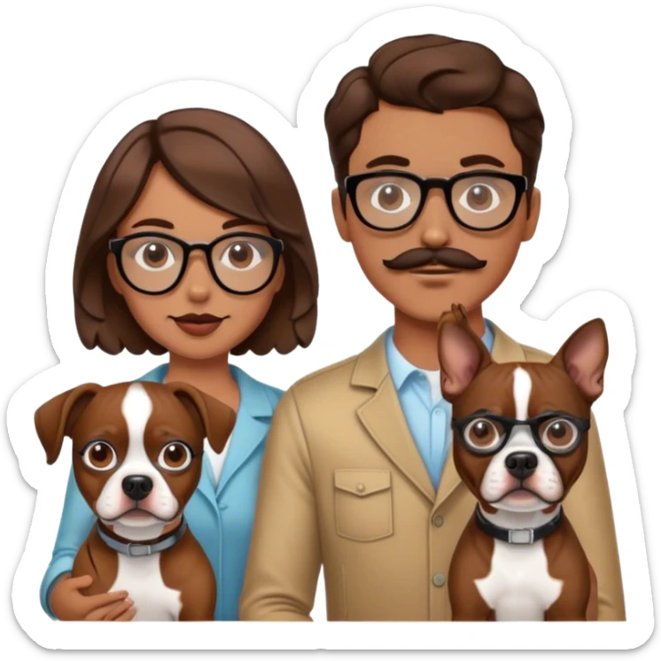 young hip fashionable cool couple wavy hair brunette man w wire glasses and mustache and brunette girl with bob and a brown pitbull boston terrier  sticker